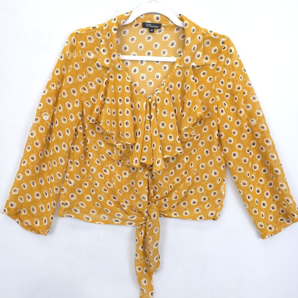 Countess Blouse‎ Womens Medium Ditsy Daisy Floral Tie Front Sheer Ruffle Top